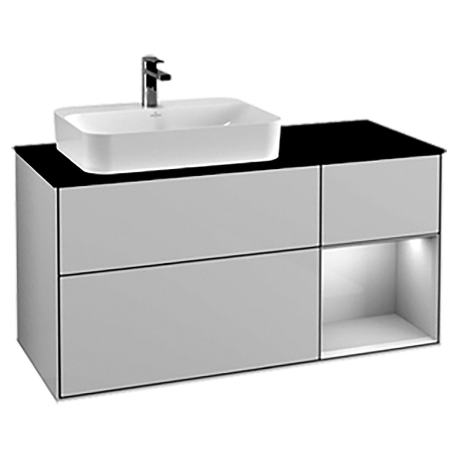 Élément inférieur FINION
120,0 x 60,3 x 50,1 cm
lavabo à gauche, pour lavabo
à poser Finion 212 548/549/550
2 éléments, 1x 2 tiroirs
1x 1 tiroir et 1 niche ouverte
à droite, recouvrement noir
éclairage LED