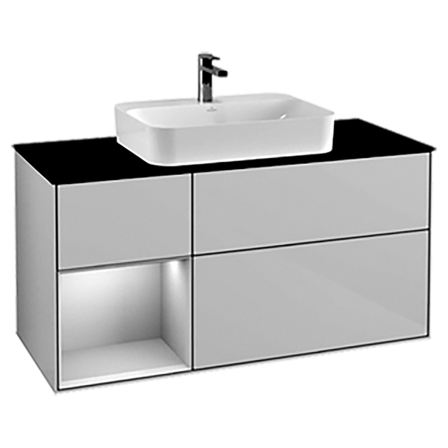 Élément inférieur FINION
120,0 x 60,3 x 50,1 cm
pour lavabo à poser
Finion 212 548/549/550
2 éléments, 1x 2 tiroirs
1x 1 tiroir et 1 niche ouverte
à gauche, recouvrement noir
éclairage LED