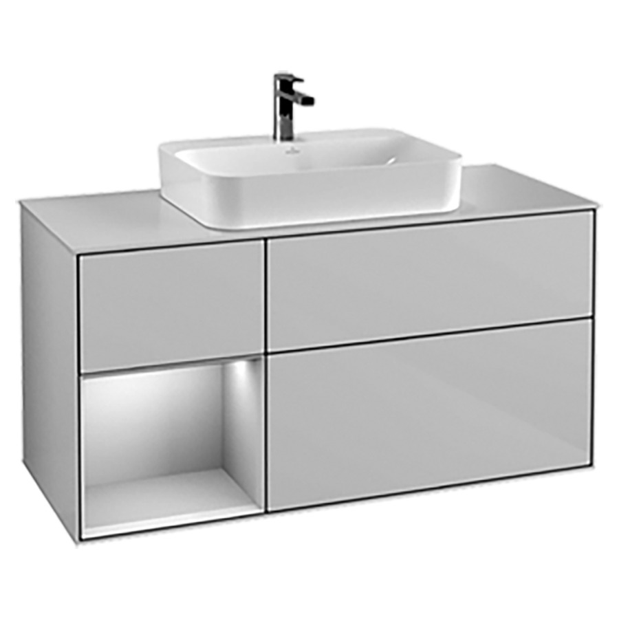 Élément inférieur FINION
120,0 x 60,3 x 50,1 cm
pour lavabo à poser
Finion 212 548/549/550
2 éléments, 1x 2 tiroirs
1x 1 tiroir et 1 niche ouverte
à gauche, recouvrement blanc
éclairage LED
fonction Emotion