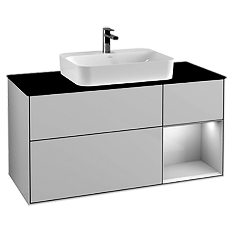 Élément inférieur FINION
120,0 x 60,3 x 50,1 cm
pour lavabo à poser
Finion 212 548/549/550
2 éléments, 1x 2 tiroirs
1x 1 tiroir et 1 niche ouverte
à droite, recouvrement noir
éclairage LED