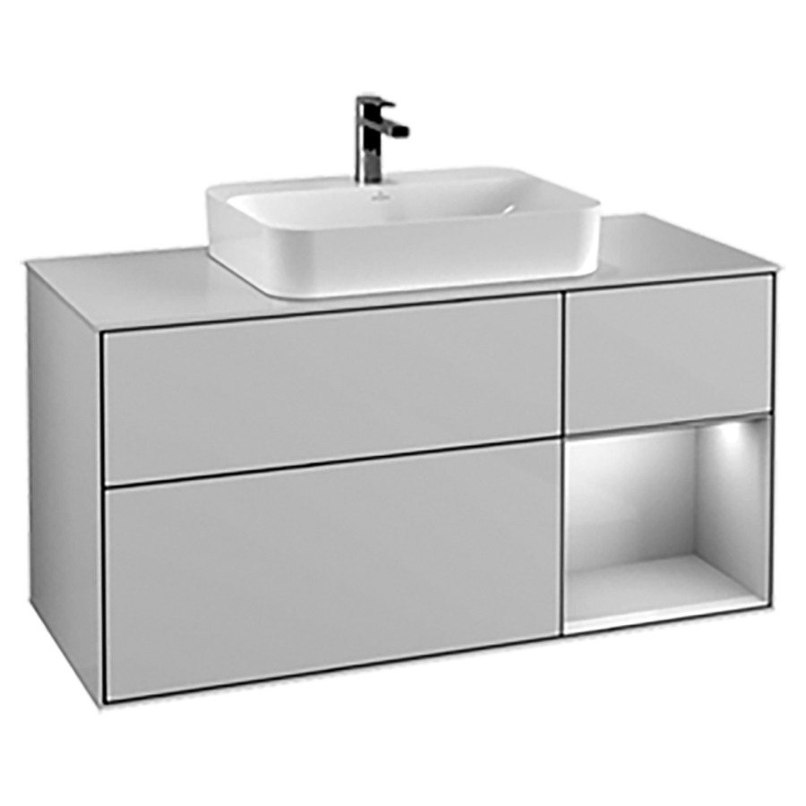 Élément inférieur FINION
120,0 x 60,3 x 50,1 cm
pour lavabo à poser
Finion 212 548/549/550
2 éléments, 1x 2 tiroirs
1x 1 tiroir et 1 niche ouverte
à droite, recouvrement blanc
éclairage LED
fonction Emotion