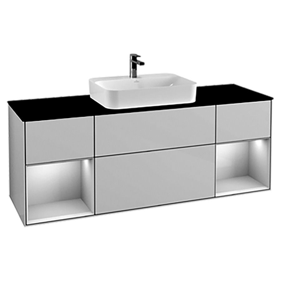 Élément inférieur FINION
160,0 x 60,3 x 50,1 cm
pour lavabo à poser Finion
212 548/549/550, 3 éléments
3 1x 2 tiroirs, 2x 1 tiroir et
1 niche ouverte, recouvrement
noir, éclairage LED