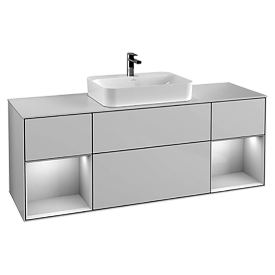 Élément inférieur FINION
160,0 x 60,3 x 50,1 cm
pour lavabo à poser Finion
212 548/549/550, 3 éléments
3 1x 2 tiroirs, 2x 1 tiroir et
1 niche ouverte, recouvrement
blanc, éclairage LED
fonction Emotion