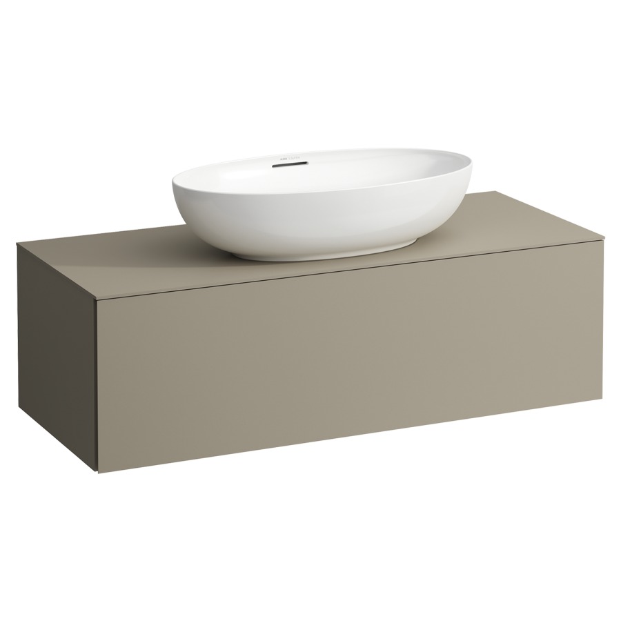Élément inférieur
ILBAGNOALESSI
120,0 x 37,0 x 50,0 cm
élément à 1 tiroir
avec plaque de recouvrement
HPL de 6 mm en couleur corpus
pour lavabo à poser
234 074-077, découpe au centre