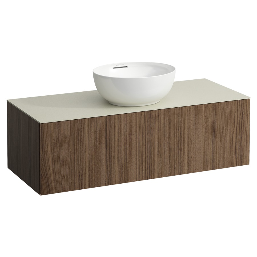 Élément inférieur
ILBAGNOALESSI
120,0 x 37,0 x 50,0 cm
élément à 1 tiroir
avec plaque de recouvrement
de 6 mm céramique Calce Avorio
pour lavabo à poser
234 074-077, découpe au centre
