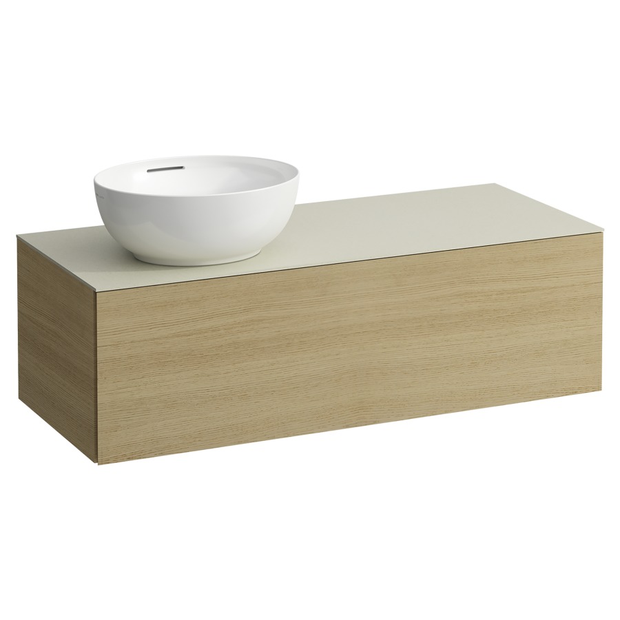 Élément inférieur
ILBAGNOALESSI
120,0 x 37,0 x 50,0 cm
élément à 1 tiroir
avec plaque de recouvrement
de 6 mm céramique Calce Avorio
pour lavabo à poser
234 074/075, découpe à gauche
