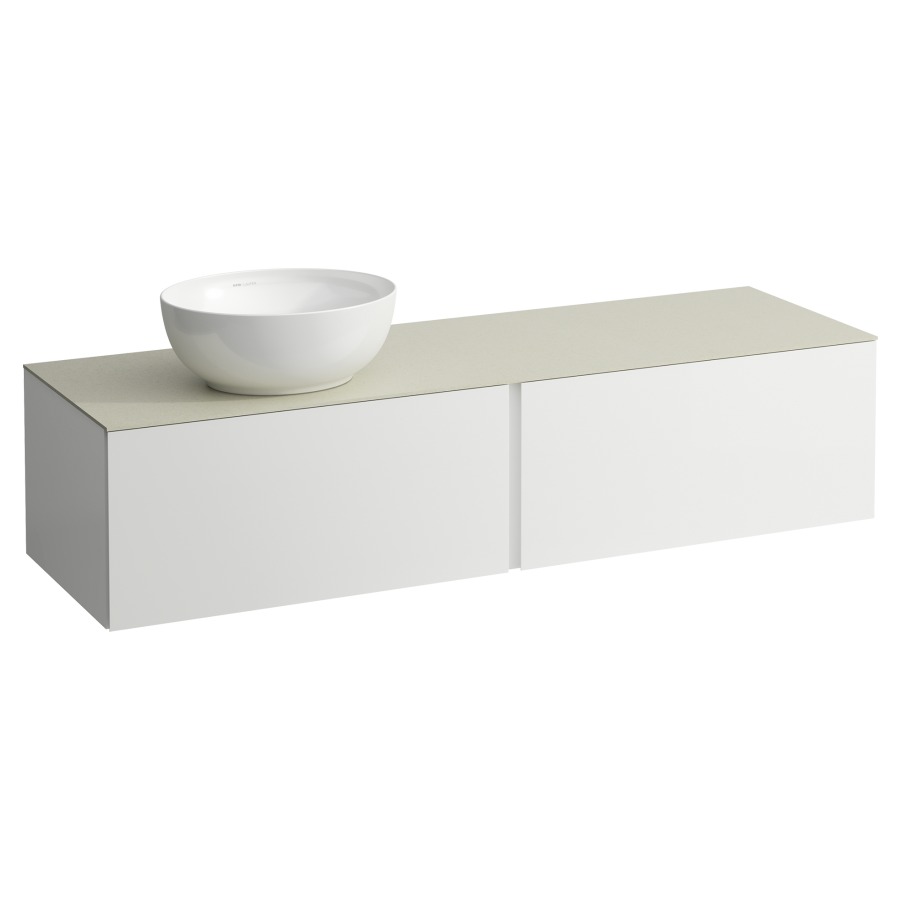 Élément inférieur
ILBAGNOALESSI
160,0 x 37,0 x 50,0 cm
élément à 2 tiroirs
avec plaque de recouvrement
de 6 mm céramique Calce Avorio
pour lavabo à poser
234 074-077, découpe à gauche