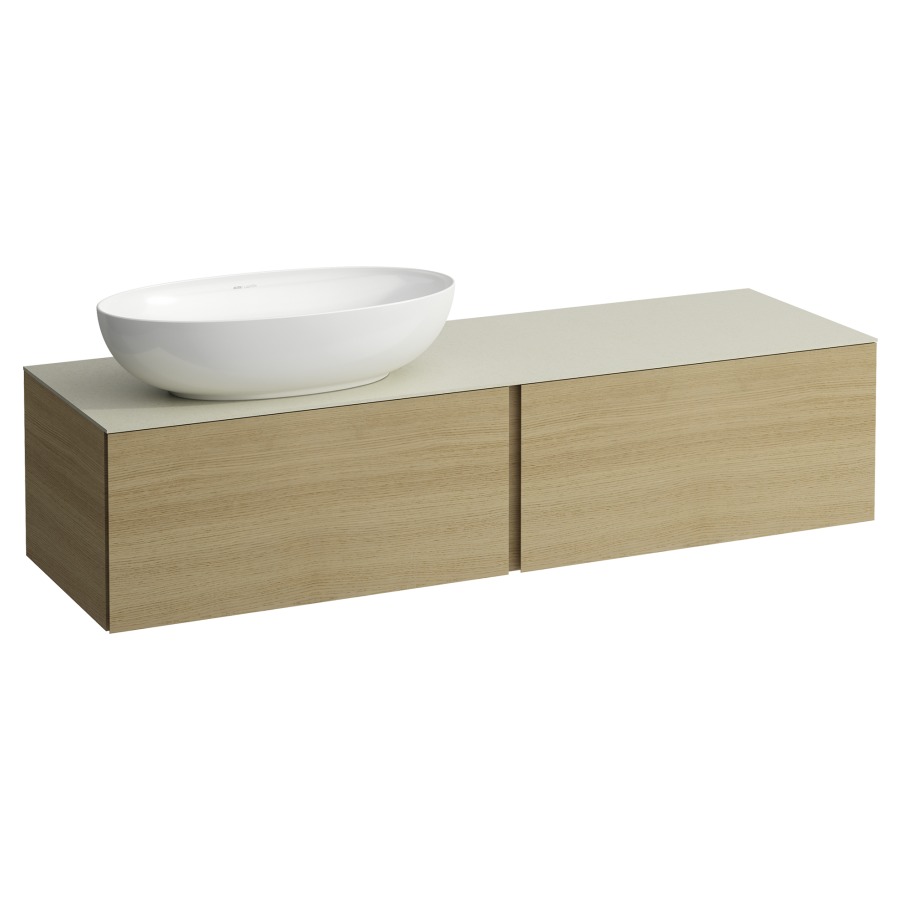 Élément inférieur
ILBAGNOALESSI
160,0 x 37,0 x 50,0 cm
élément à 2 tiroirs
avec plaque de recouvrement
de 6 mm céramique Calce Avorio
pour lavabo à poser
234 074-077, découpe à gauche