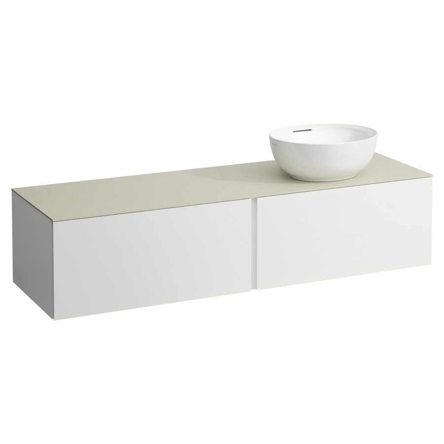 Élément inférieur
ILBAGNOALESSI
160,0 x 37,0 x 50,0 cm
élément à 2 tiroirs
avec plaque de recouvrement
de 6 mm céramique Calce Avorio
pour lavabo à poser
234 074-077, découpe à droite