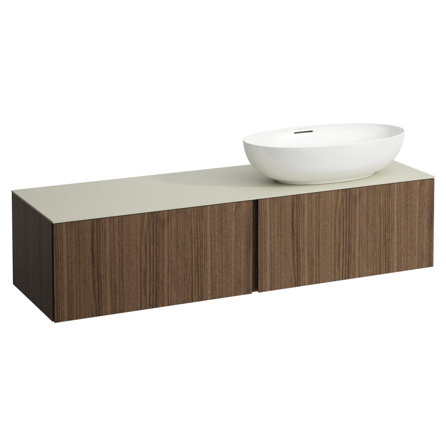 Élément inférieur
ILBAGNOALESSI
160,0 x 37,0 x 50,0 cm
élément à 2 tiroirs
avec plaque de recouvrement
de 6 mm céramique Calce Avorio
pour lavabo à poser
234 074-077, découpe à droite
