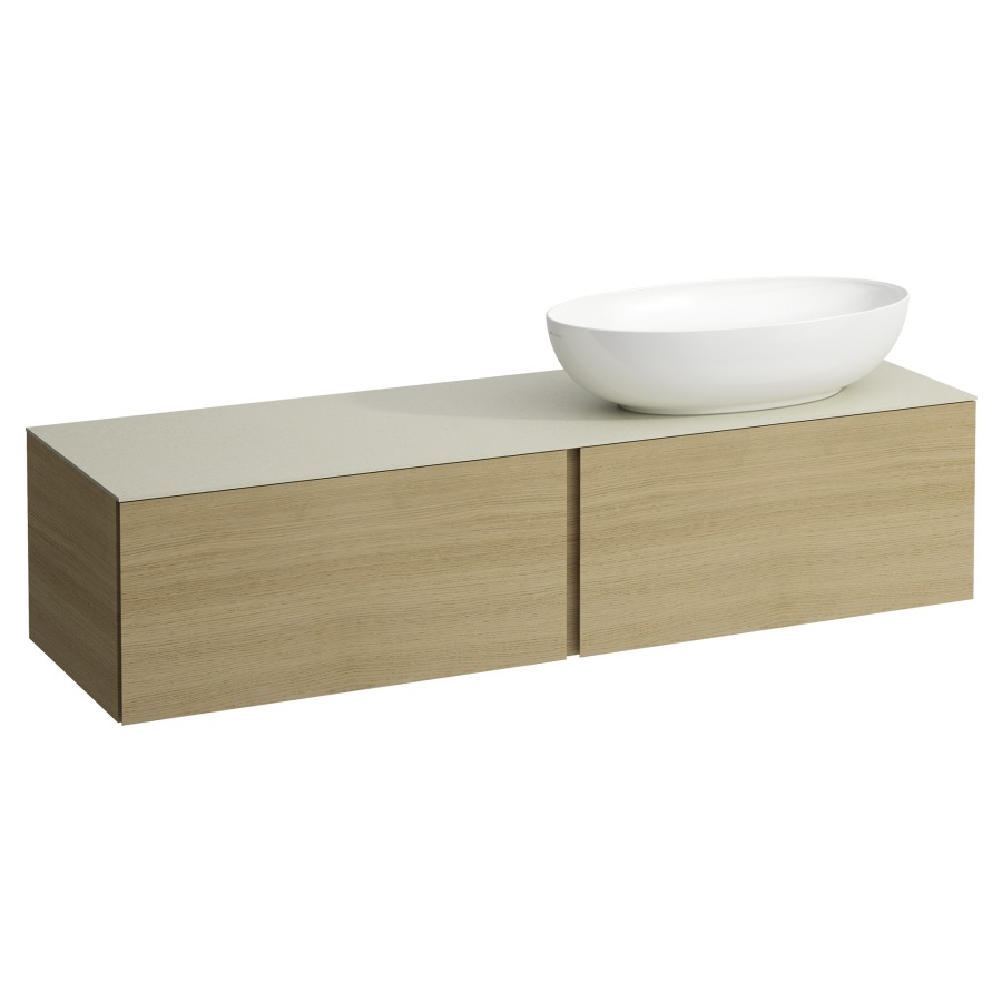 Élément inférieur
ILBAGNOALESSI
160,0 x 37,0 x 50,0 cm
élément à 2 tiroirs
avec plaque de recouvrement
de 6 mm céramique Calce Avorio
pour lavabo à poser
234 074-077, découpe à droite