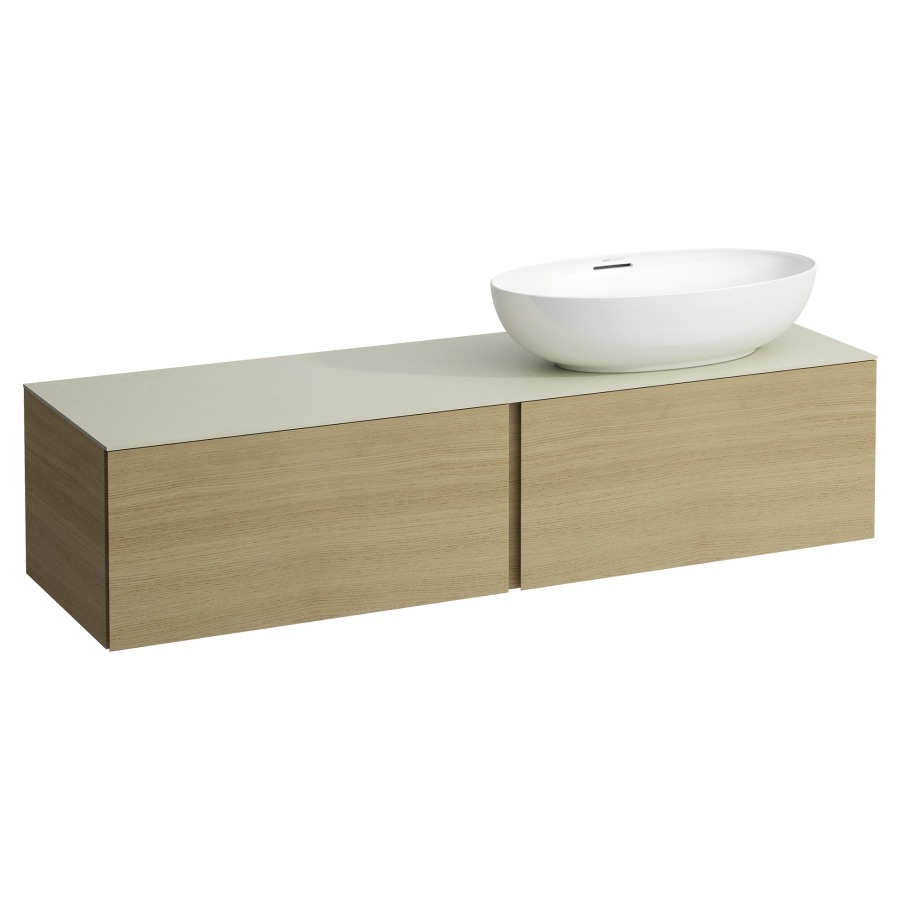 Élément inférieur
ILBAGNOALESSI
160,0 x 37,0 x 50,0 cm
élément à 2 tiroirs
avec plaque de recouvrement
de 6 mm céramique Calce Avorio
pour lavabo à poser
234 074-077, découpe à droite