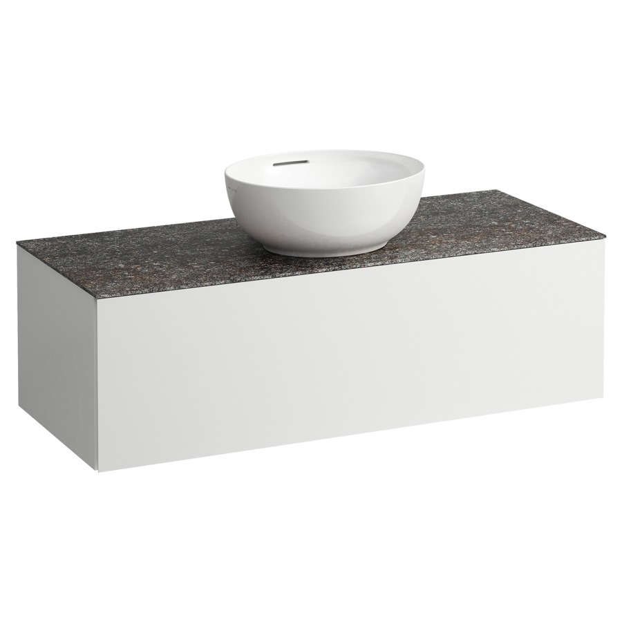 Élément inférieur
ILBAGNOALESSI
120,0 x 37,0 x 50,0 cm
élément à 1 tiroir
avec plaque de recouvrement
de 6 mm céramique Marrone
Naturale, pour lavabo à poser
234 074-077, découpe au centre
