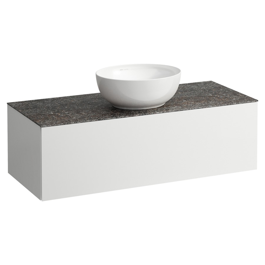 Élément inférieur
ILBAGNOALESSI
120,0 x 37,0 x 50,0 cm
élément à 1 tiroir
avec plaque de recouvrement
de 6 mm céramique Marrone
Naturale, pour lavabo à poser
234 074-077, découpe au centre