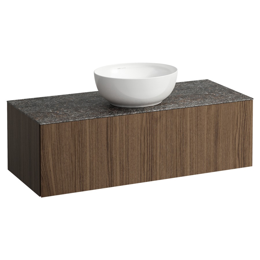 Élément inférieur
ILBAGNOALESSI
120,0 x 37,0 x 50,0 cm
élément à 1 tiroir
avec plaque de recouvrement
de 6 mm céramique Marrone
Naturale, pour lavabo à poser
234 074-077, découpe au centre
