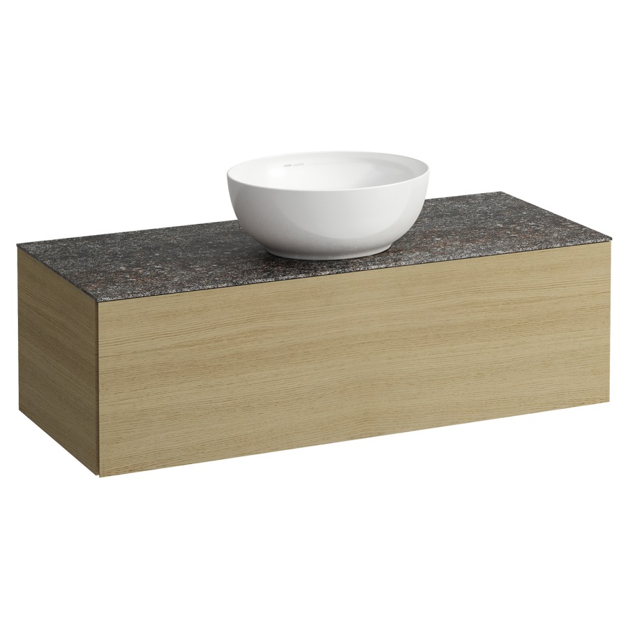 Élément inférieur
ILBAGNOALESSI
120,0 x 37,0 x 50,0 cm
élément à 1 tiroir
avec plaque de recouvrement
de 6 mm céramique Marrone
Naturale, pour lavabo à poser
234 074-077, découpe au centre