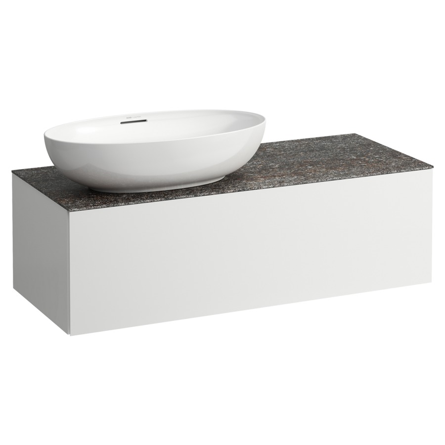 Élément inférieur
ILBAGNOALESSI
120,0 x 37,0 x 50,0 cm
élément à 1 tiroir
avec plaque de recouvrement
de 6 mm céramique Marrone
Naturale, pour lavabo à poser
234 074-077, découpe à gauche