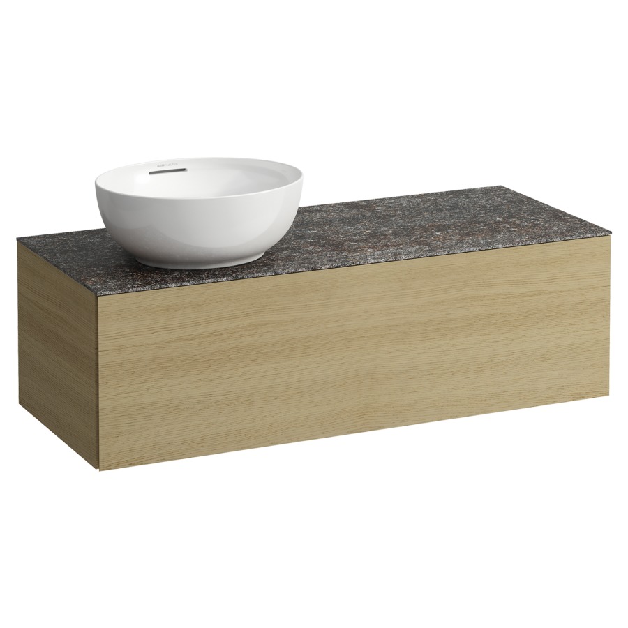Élément inférieur
ILBAGNOALESSI
120,0 x 37,0 x 50,0 cm
élément à 1 tiroir
avec plaque de recouvrement
de 6 mm céramique Marrone
Naturale, pour lavabo à poser
234 074-077, découpe à gauche