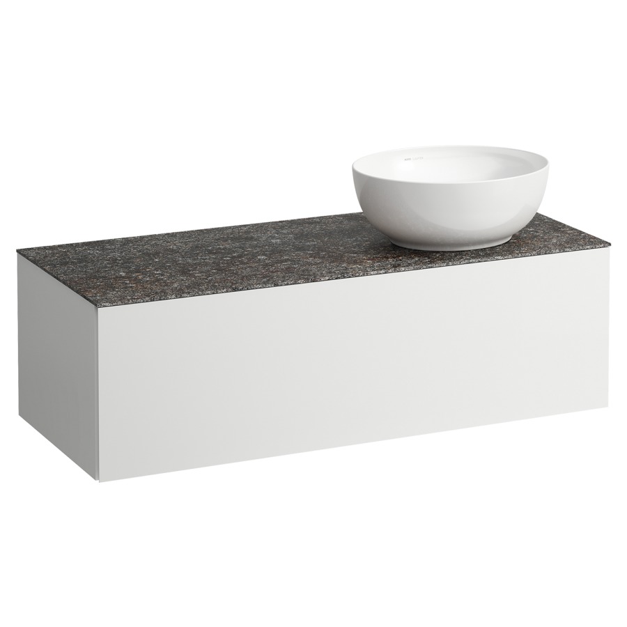 Élément inférieur
ILBAGNOALESSI
120,0 x 37,0 x 50,0 cm
élément à 1 tiroir
avec plaque de recouvrement
de 6 mm céramique Marrone
Naturale, pour lavabo à poser
234 074-077, découpe à droite