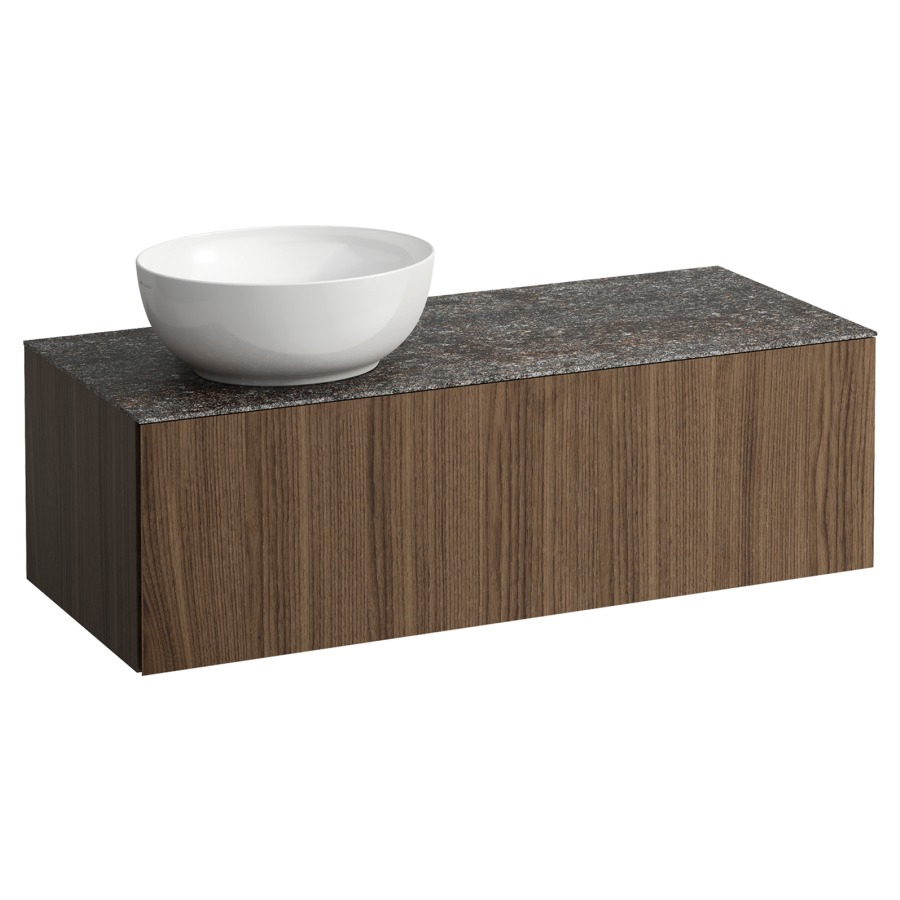 Élément inférieur
ILBAGNOALESSI
120,0 x 37,0 x 50,0 cm
élément à 1 tiroir
avec plaque de recouvrement
de 6 mm céramique Marrone
Naturale, pour lavabo à poser
234 074/075, découpe à gauche
