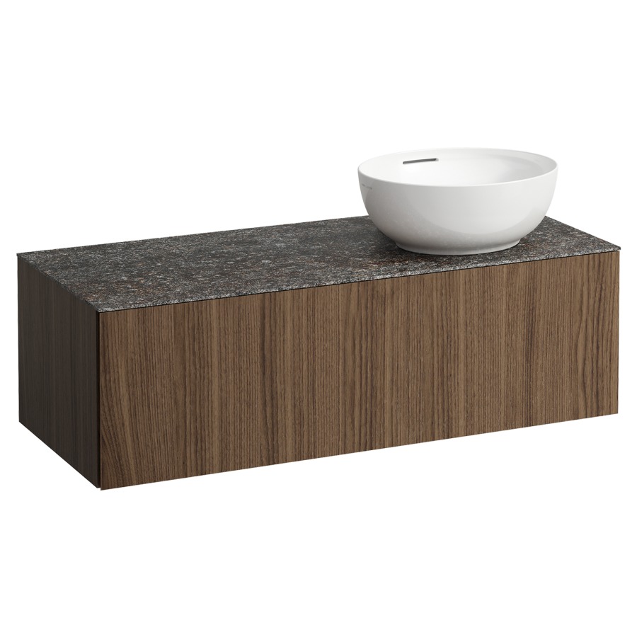 Élément inférieur
ILBAGNOALESSI
120,0 x 37,0 x 50,0 cm
élément à 1 tiroir
avec plaque de recouvrement
de 6 mm céramique Marrone
Naturale, pour lavabo à poser
234 074/075, découpe à droite
