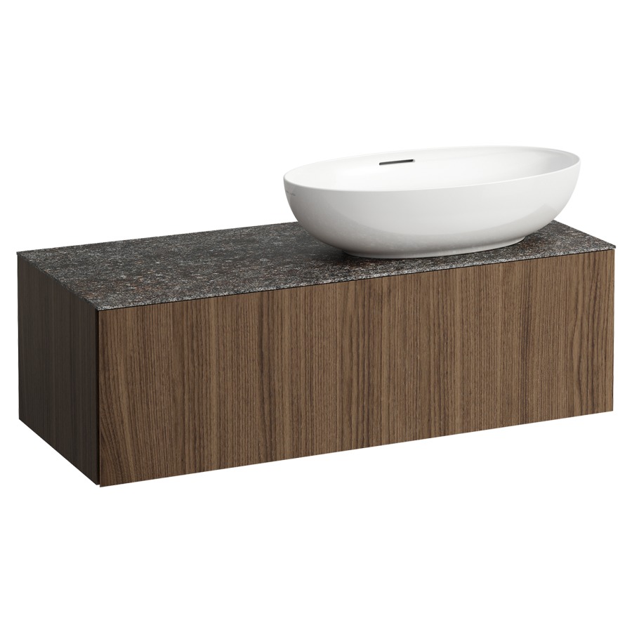 Élément inférieur
ILBAGNOALESSI
120,0 x 37,0 x 50,0 cm
élément à 1 tiroir
avec plaque de recouvrement
de 6 mm céramique Marrone
Naturale, pour lavabo à poser
234 076/077, découpe à droite