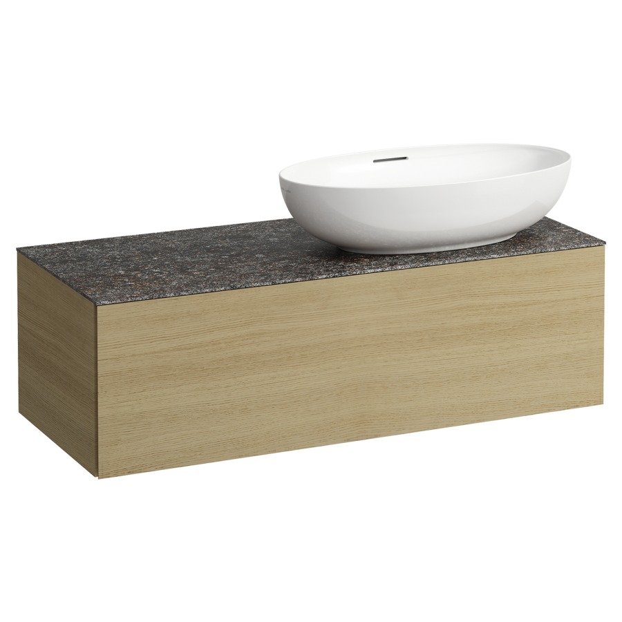 Élément inférieur
ILBAGNOALESSI
120,0 x 37,0 x 50,0 cm
élément à 1 tiroir
avec plaque de recouvrement
de 6 mm céramique Marrone
Naturale, pour lavabo à poser
234 076/077, découpe à droite