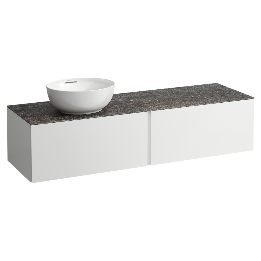 Élément inférieur
ILBAGNOALESSI
160,0 x 37,0 x 50,0 cm
élément à 2 tiroirs
avec plaque de recouvrement
de 6 mm céramique Marrone
Naturale, pour lavabo à poser
234 074-077, découpe à gauche