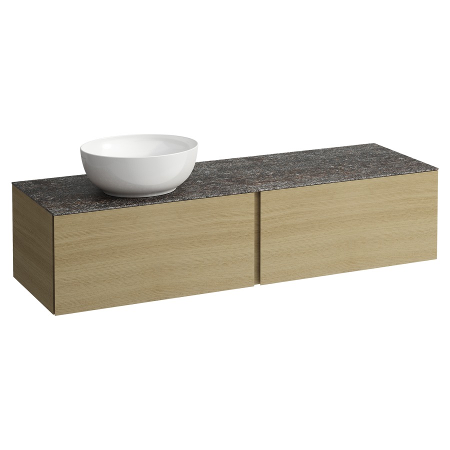 Élément inférieur
ILBAGNOALESSI
160,0 x 37,0 x 50,0 cm
élément à 2 tiroirs
avec plaque de recouvrement
de 6 mm céramique Marrone
Naturale, pour lavabo à poser
234 074-077, découpe à gauche