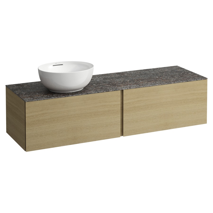 Élément inférieur
ILBAGNOALESSI
160,0 x 37,0 x 50,0 cm
élément à 2 tiroirs
avec plaque de recouvrement
de 6 mm céramique Marrone
Naturale, pour lavabo à poser
234 074-077, découpe à gauche