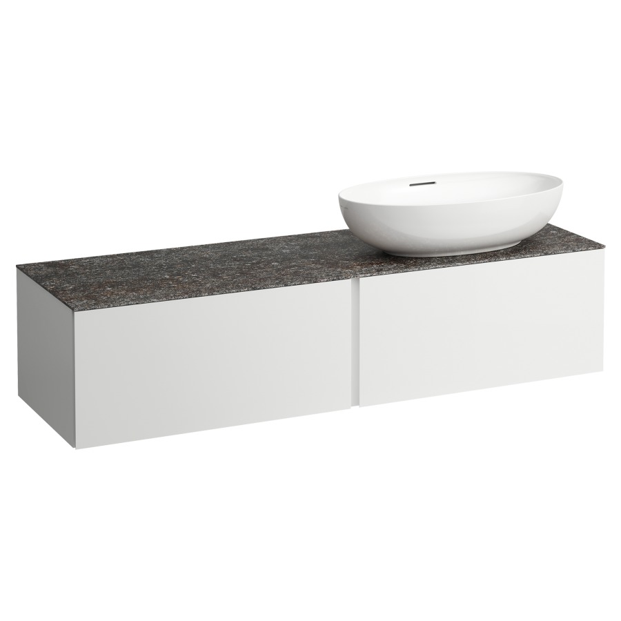 Élément inférieur
ILBAGNOALESSI
160,0 x 37,0 x 50,0 cm
élément à 2 tiroirs
avec plaque de recouvrement
de 6 mm céramique Marrone
Naturale, pour lavabo à poser
234 074-077, découpe à droite