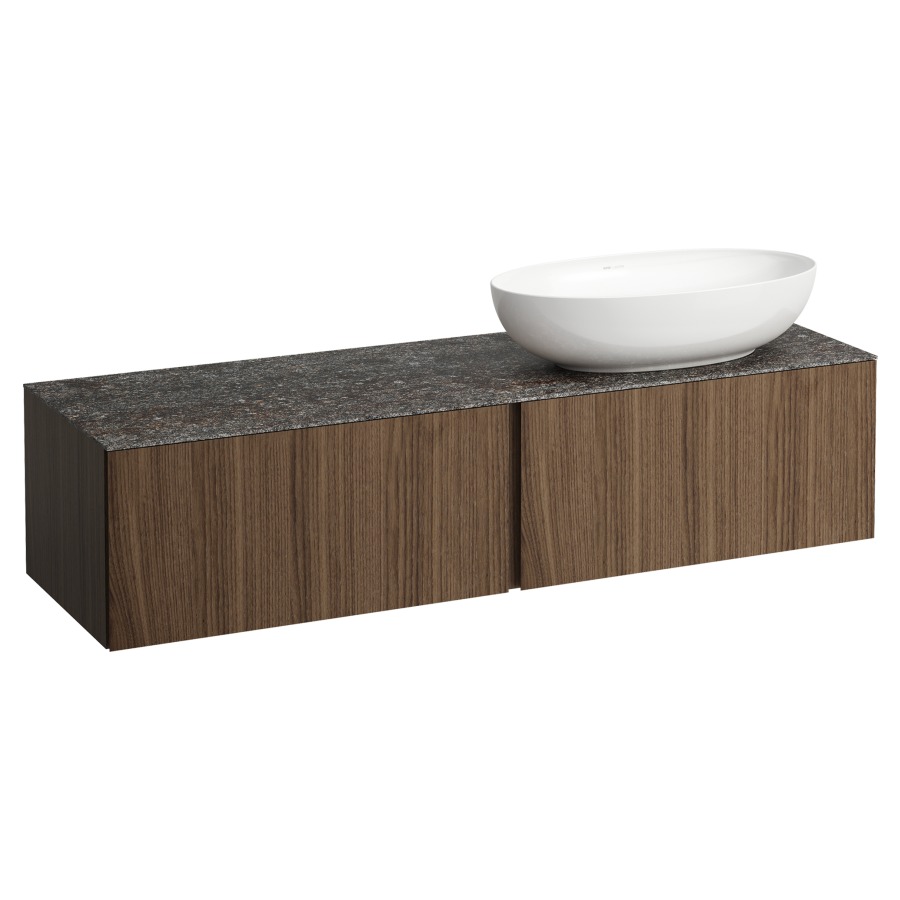 Élément inférieur
ILBAGNOALESSI
160,0 x 37,0 x 50,0 cm
élément à 2 tiroirs
avec plaque de recouvrement
de 6 mm céramique Marrone
Naturale, pour lavabo à poser
234 074-077, découpe à droite