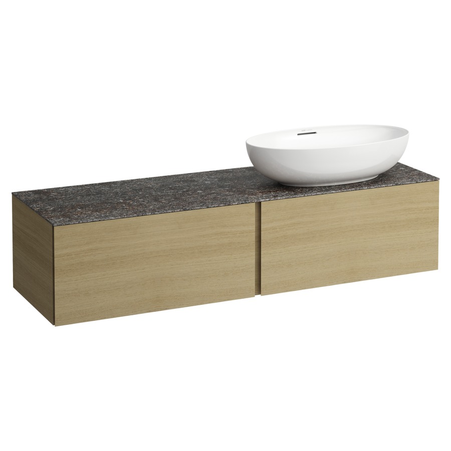 Élément inférieur
ILBAGNOALESSI
160,0 x 37,0 x 50,0 cm
élément à 2 tiroirs
avec plaque de recouvrement
de 6 mm céramique Marrone
Naturale, pour lavabo à poser
234 074-077, découpe à droite