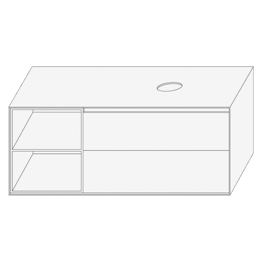 Élément inférieur DIVO
121,0 x 49,0 x 52,0 cm
élément à 2 tiroirs
niche ouverte à gauche
pour lavabo à poser à droite