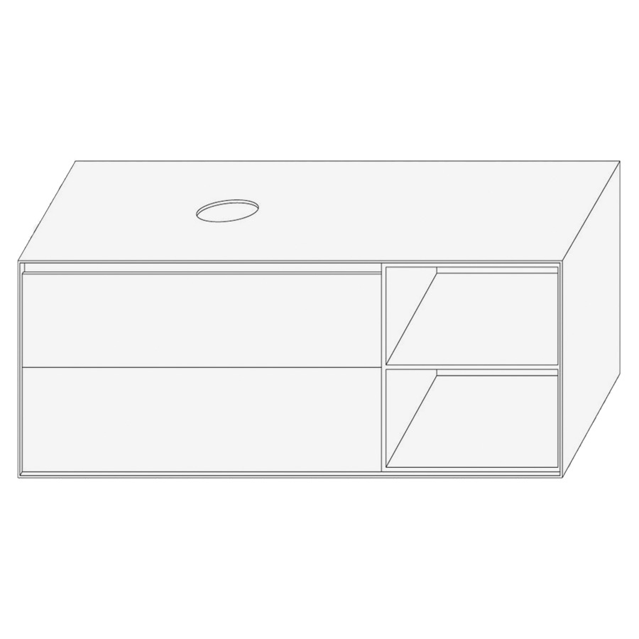 Élément inférieur DIVO
121,0 x 49,0 x 52,0 cm
élément à 2 tiroirs
niche ouverte à droite
pour lavabo à poser à gauche