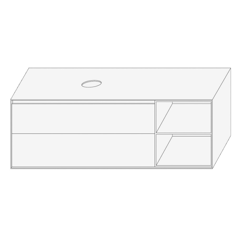 Élément inférieur DIVO
141,0 x 49,0 x 52,0 cm
élément à 2 tiroirs
niche ouverte à droite
pour lavabo à poser à gauche