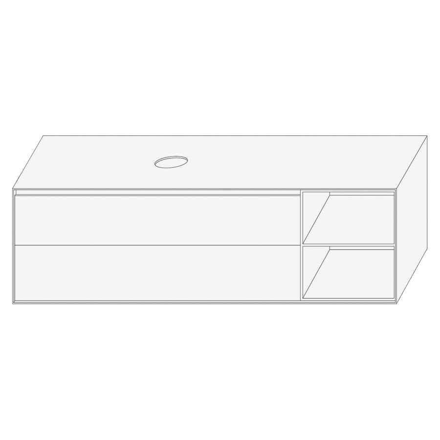 Élément inférieur DIVO
161,0 x 49,0 x 52,0 cm
élément à 2 tiroirs
niche ouverte à droite
pour lavabo à poser à gauche