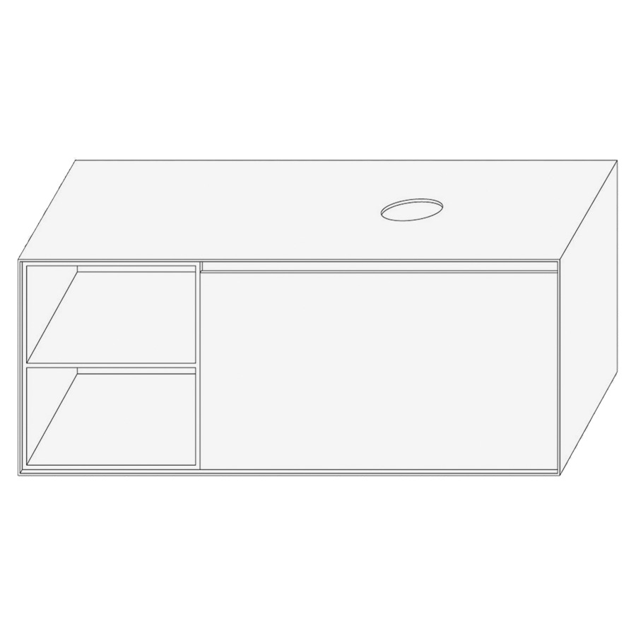 Élément inférieur DIVO
121,0 x 49,0 x 52,0 cm
élément à 1 tiroir
niche ouverte à gauche
pour lavabo à poser à droite