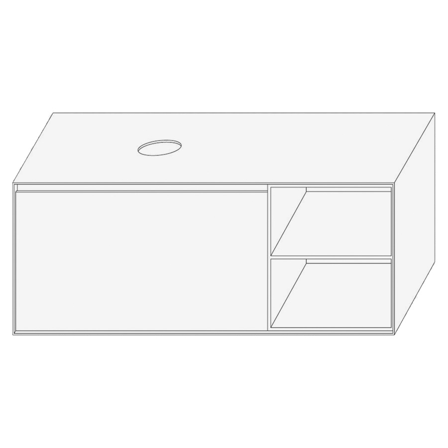 Élément inférieur DIVO
121,0 x 49,0 x 52,0 cm
élément à 1 tiroir
niche ouverte à droite
pour lavabo à poser à gauche