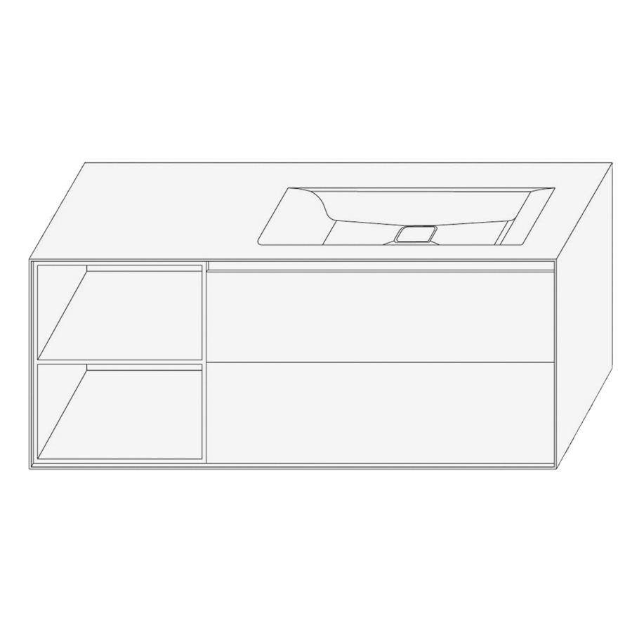 Élément inférieur DIVO
121,0 x 49,0 x 52,0 cm
élément à 2 tiroirs
niche ouverte à gauche
pour lavabo intégré à droite
