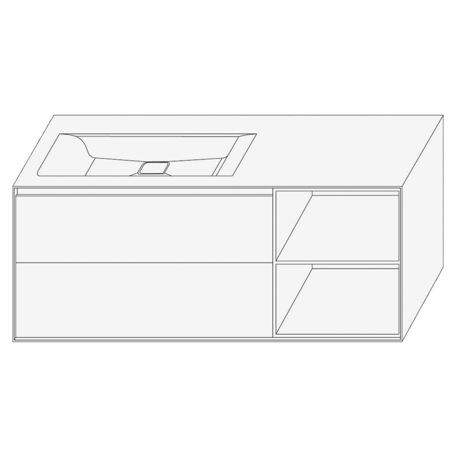 Élément inférieur DIVO
121,0 x 49,0 x 52,0 cm
élément à 2 tiroirs
niche ouverte à droite
pour lavabo intégré à gauche