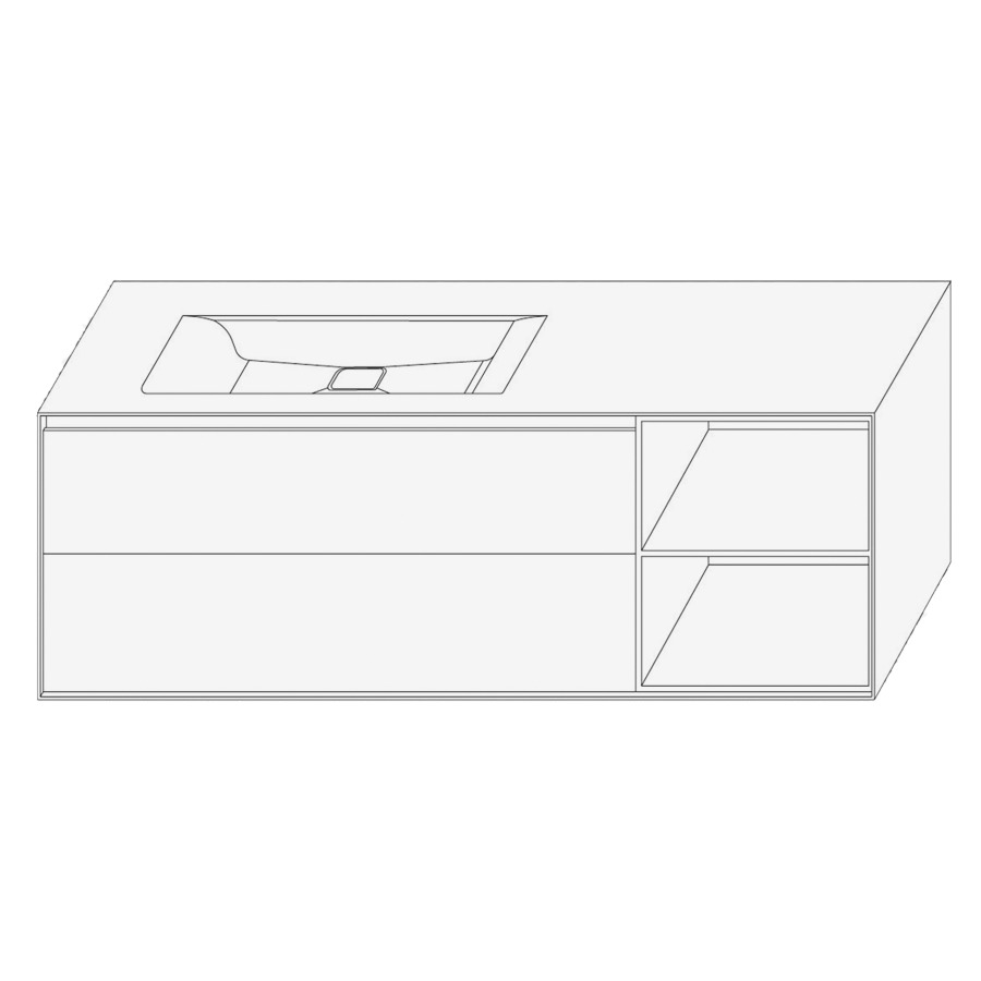Élément inférieur DIVO
141,0 x 49,0 x 52,0 cm
élément à 2 tiroirs
niche ouverte à droite
pour lavabo intégré à gauche