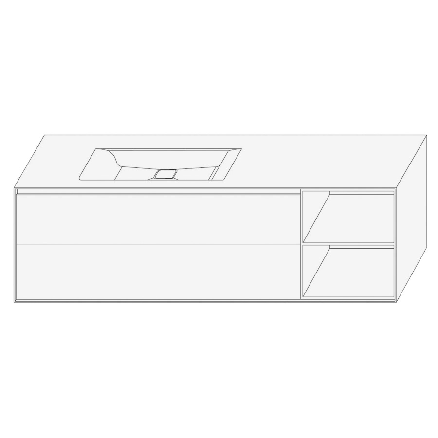 Élément inférieur DIVO
161,0 x 49,0 x 52,0 cm
élément à 2 tiroirs
niche ouverte à droite
pour lavabo intégré à gauche