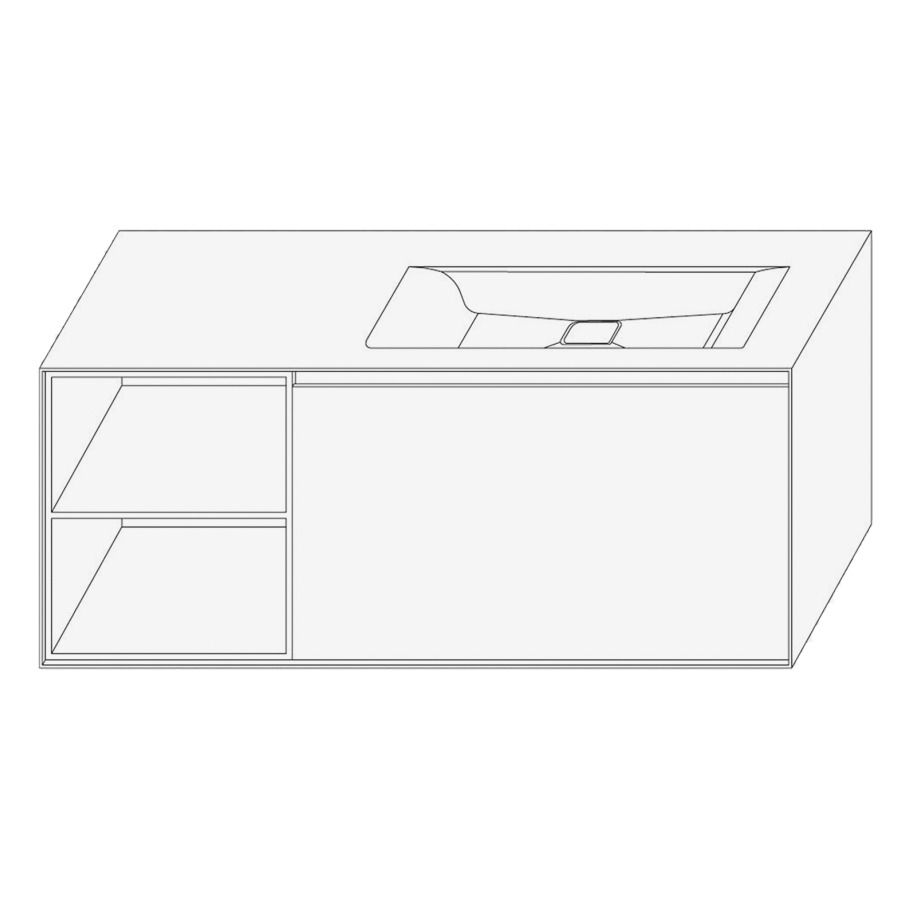 Élément inférieur DIVO
121,0 x 49,0 x 52,0 cm
élément à 1 tiroir
niche ouverte à gauche
pour lavabo intégré à droite