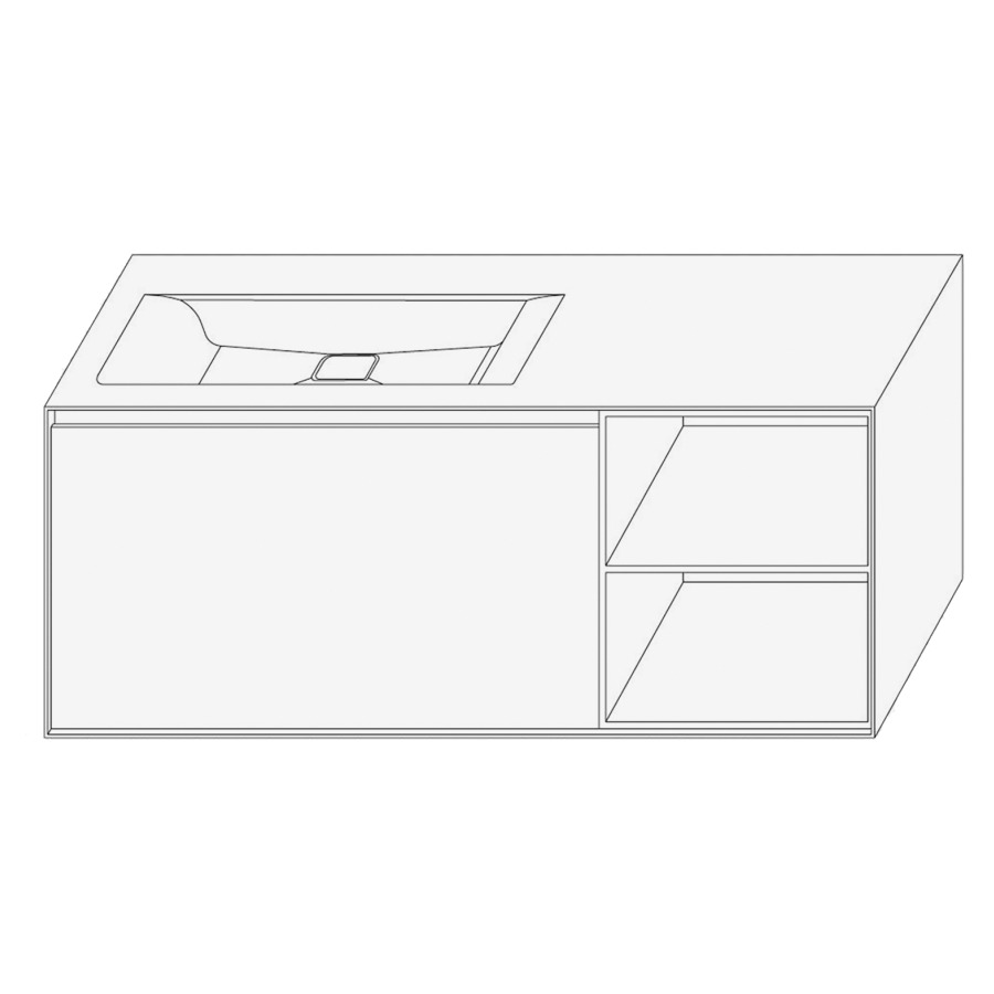 Élément inférieur DIVO
121,0 x 49,0 x 52,0 cm
élément à 1 tiroir
niche ouverte à droite
pour lavabo intégré à gauche