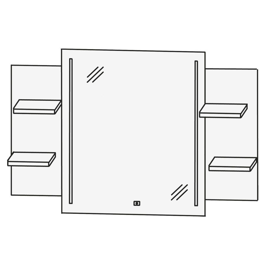 Miroir lumineux HIGH LINE 250
120 x 80 x 3,9 cm
plaque de support hauteur de
64 cm, chacun 2 tablettes en
bois à gauche et à droite
profondeur 12,5 cm
largeur du miroir 70 cm
2 éclairages LED verticals
1 palpeur pour éclairage-
Emotion 42,2 W/4558 lumes
convertisseur 60 W