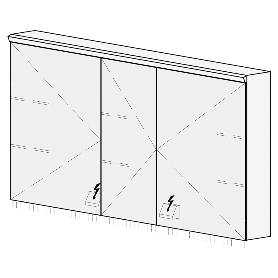 Armoire de toilette Procasa
Cinque S AP
130,4 x 71,5 x 14,8 cm
3 portes à double miroir
(50/30/50), chacun 1 prise
double à gauche et à droite en
bas opposé des charnières
éclairage LED 4000 K, IP24