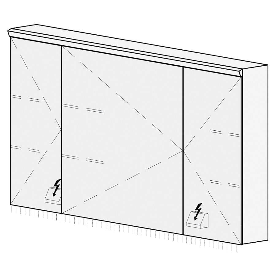 Armoire de toilette Procasa
Cinque S UP
120,4 x 71,5 x 14,8 cm
3 portes à double miroir
(30/60/30), chacun 1 prise
double à gauche et à droite en
bas opposé des charnières
éclairage LED 4000 K, IP24