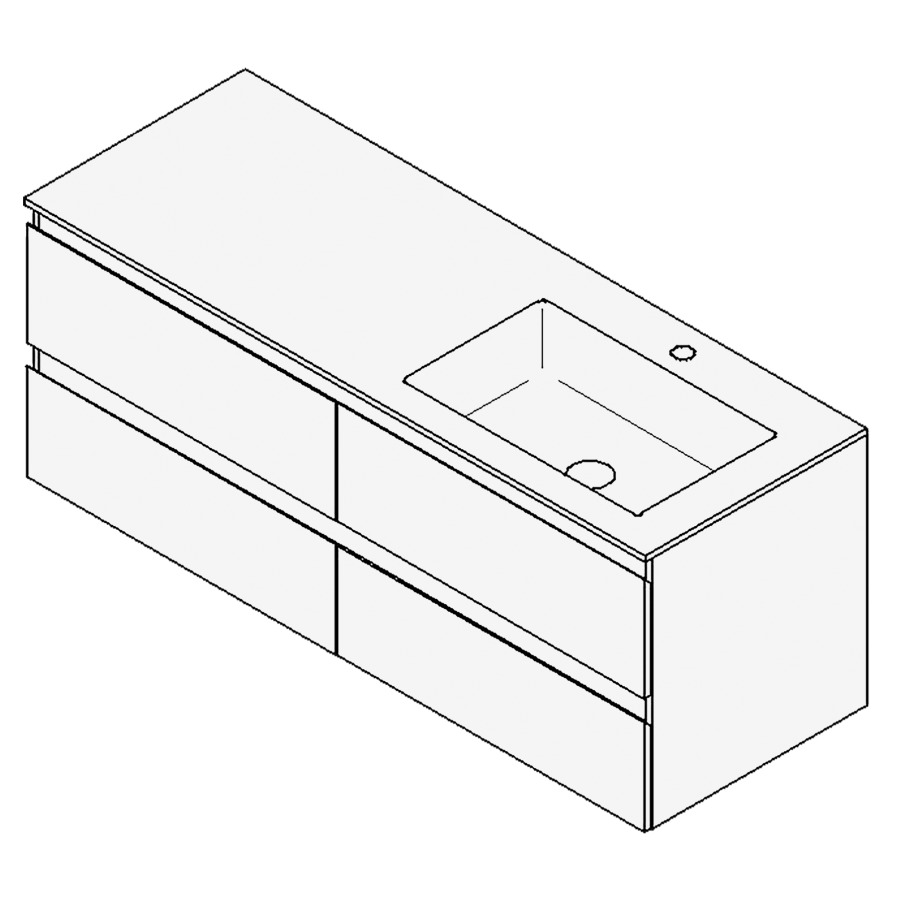 Combinaison de meuble GUFO
130,0 x 50,0 x 47,0 cm
recouvrement matériel minérale
avec élément inférieur
pour lavabo à encastrer Wave/
Corner I à droite
2 éléments à chacun 2 tiroirs