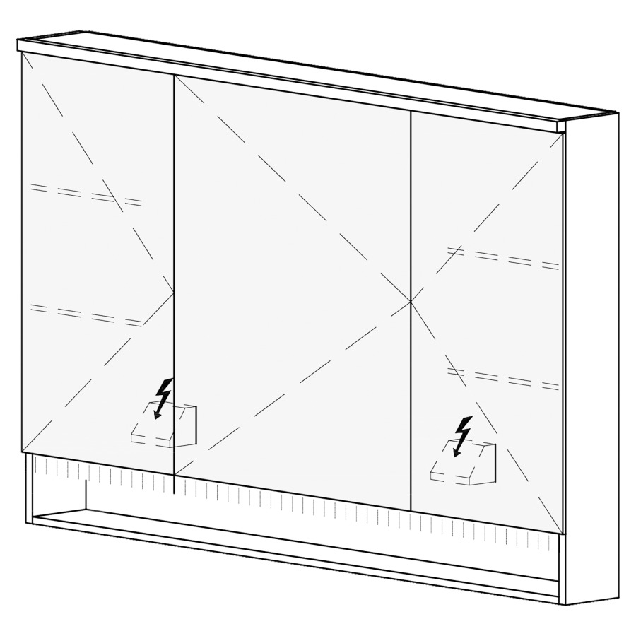 Armoire de toilette SCANA UP
120,4 x 85 x 14,8 cm
3 portes à double miroir
(30/60/30), 1 prise double
à gauche et à droite en bas
opposé des charnières
éclairage LED, 4000 K
unité de contrôle DALI
gradable via l'installation
domestique, IP24